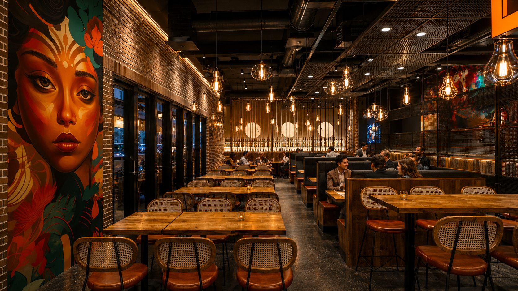 Warm Times and Co Casey dining room render with pendant lights and mural wall